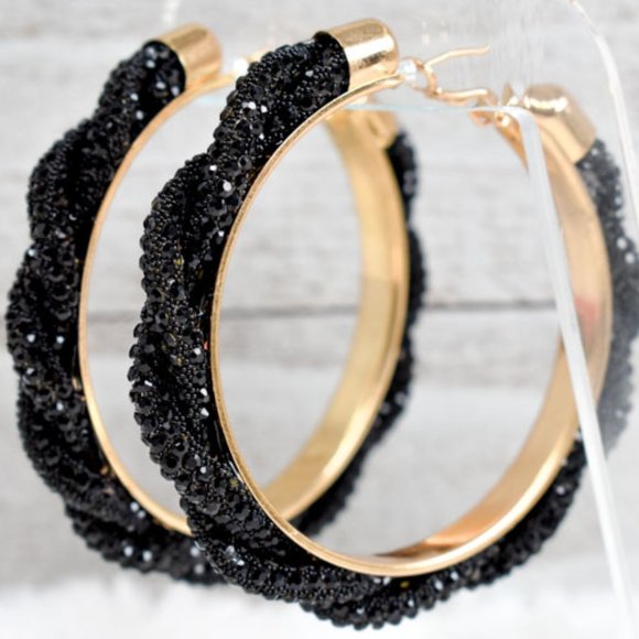 3" Boho Braid Twist Black Rhinestone Hoop Earrings - Picture 3 of 12